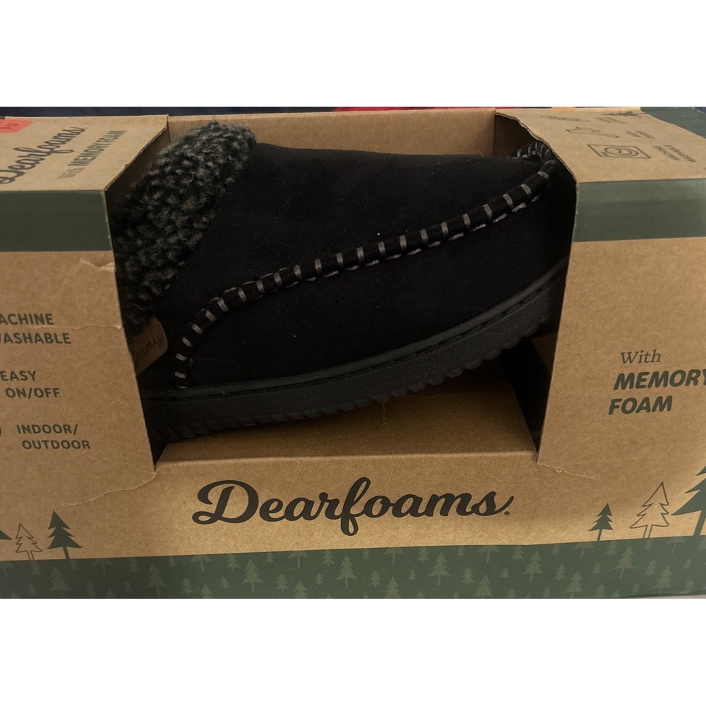 Dearfoams Mens Memory Foam Slippers, M, Size 9 - 10, Black, indoor/outdoor New